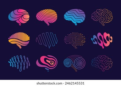 Brain logo icons set. Digital symbols template of science innovation, machine learning or ai. Psychology mental health or new technology development. Vector brain color silhouette on dark background