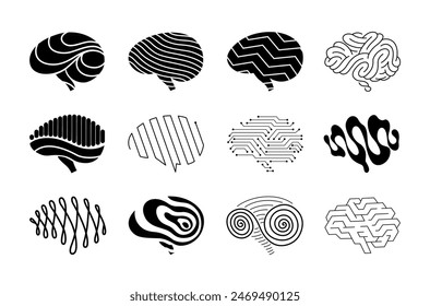 Brain-Logo-Symbole gesetzt. Vorlage von Digitalsymbolen für Wissenschaftsinnovation, maschinelles Lernen oder KI. Psychologie psychische Gesundheit oder Entwicklung neuer Technologien. Vektorgrafik Hirnsilhouette