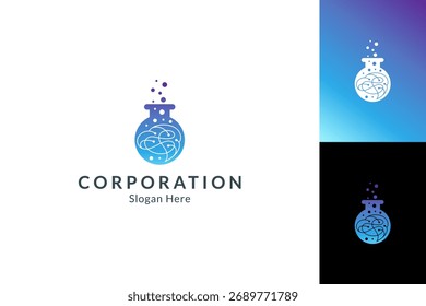 Brain logo inside laboratory glass, science vector icon