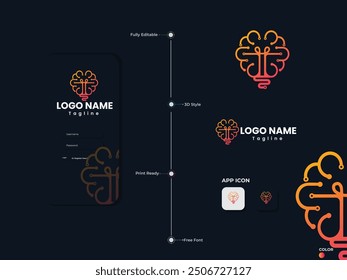 A brain logo with light. Brain technology logo design. Brain idea logo design. Human. Electric bulb art. Colorful presentation template.