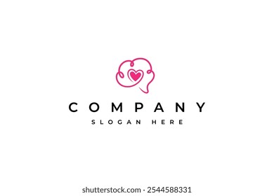Brain logo with love symbol icon combination in pink color flat design style