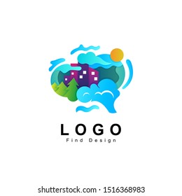 brain logo, mind, think building and nature, tree, cloud, nature harmony