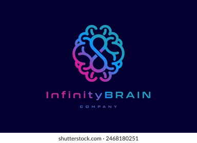 Logotipo del cerebro, logotipo moderno del cerebro con el icono del infinito adentro, Plantilla plana del logotipo del diseño, Ilustración vectorial