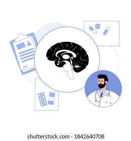 Brain logo for neurology clinic. Doctor appointment and laboratory research. Sensation, intellectual, nervous activity concept. Human internal organ transplantation. Flat medical vector illustration.