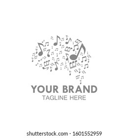 brain logo and and notes silhouette design vector template. Think idea concept brain and notes music