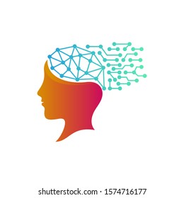Brain logo with polygonal line connected dots. Smart technology logo design. Creativity symbol. Tech innovation logo. Vector of smart people. Human head with electronic circuit icon