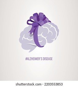 Brain Logo Silhouette With Present Ribbon, Bow. Alzheimer Disease Concept. Mind Research. Vector Illustration.