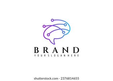 brain logo with technology combination in color gradient line art design style