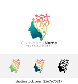 Brain logo with technology design combination, line style