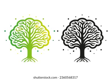 Brain logo that formed tree silhouette. Black and white and color logo set. Creativity, idea, success. Grow ideas.