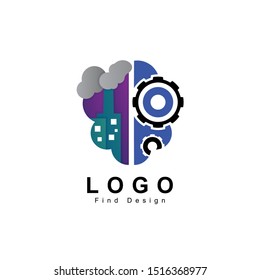 brain logo, think about industry, gear, factory design template