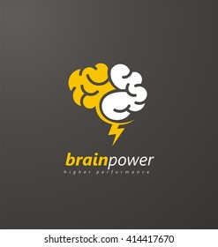 Brain Logo Vector Design Layout. Creative Idea Symbol Concept. Unique Brainstorm Power Icon Template. Abstract Brain Logo With Yellow Thunderbolt On A Dark Background. 