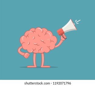 Brain with loudhailer. Concept clever advice from character brain. Mascot brain infographic icon. Vector illustration in flat style.