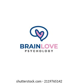 Brain Love Psychology Logo Design Illustration With Mind And Heart Symbol