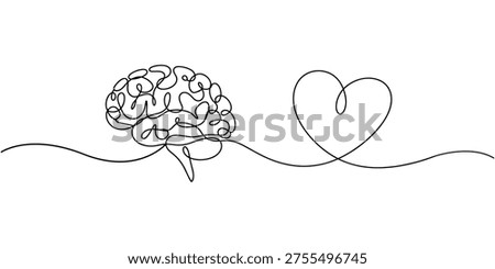 brain with love shape continuous one line drawing, One continuous line drawing of half human brain and love heart shape logo icon. Psychological split affection logotype symbol template concept. Human