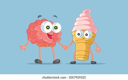 Brain in Love with Sugary Dessert Vector Cartoon. Unhealthy sugar obsession fueled by the brain conceptual illustration
