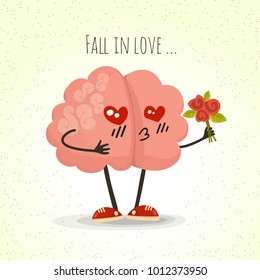 Brain in love, vector cartoon character. Love  emotion icon. EPS 10 vector
