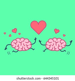 Brain in love. Vector concept illustration of two happy brains running to each other with heart symbols above | flat design linear infographic icon on green background