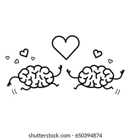 Brain in love. Vector concept illustration of two happy brains running to each other with heart symbols above | flat design linear infographic icon black on white background