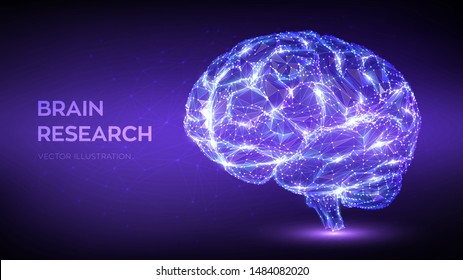 Brain. Low poly abstract digital human brain. Neural network. IQ testing, artificial intelligence virtual emulation science technology concept. Brainstorm think idea. 3D polygonal vector illustration.