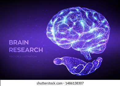 Brain. Low poly abstract digital human brain in hand. Neural network. IQ testing, artificial intelligence virtual emulation science technology concept. Brainstorm. 3D polygonal vector illustration.