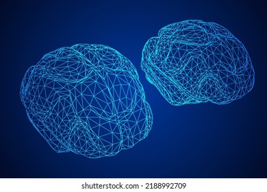 Brain. Low poly abstract digital human brain. Neural network. IQ testing, artificial intelligence virtual emulation science technology concept. Wireframe low poly mesh vector illustration.