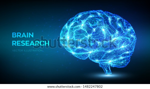 Brain. Low poly abstract digital human\
brain. Neural network. IQ testing, artificial intelligence virtual\
emulation science technology concept. Brainstorm think idea. 3D\
polygonal vector\
illustration.