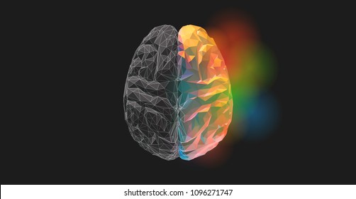 Brain low poly graphic illustration in top view on dark background with monochrome left and colorful right functions concept