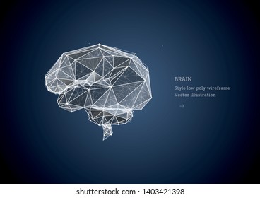 Brain. Low poly wireframe style. Artificial Intelligence concept. Technology in medicine. Abstract illustration isolated on dark background.  Particles are connected in a geometric silhouette