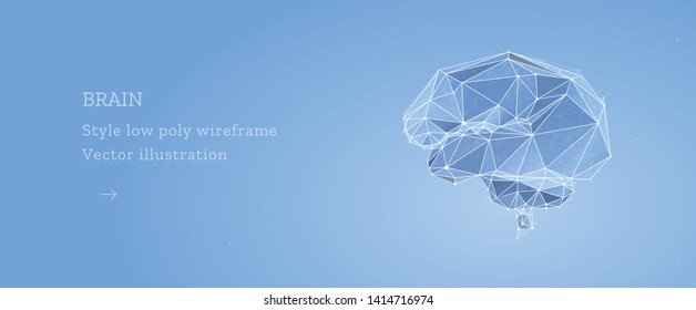 Brain. Low poly wireframe style. Technology in medicine. Abstract illustration isolated on blue background.  Particles are connected in a geometric silhouette