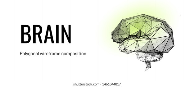 Brain. Low poly wireframe style.Artificial Intelligence concept. Technology in medicine. Abstract illustration isolated on white background. Particles are connected in a geometric silhouette