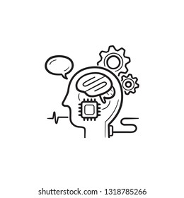 Brain machine interface hand drawn outline doodle icon. Brain-computer and direct neural interface concept. Vector sketch illustration for print, web, mobile and infographics on white background.