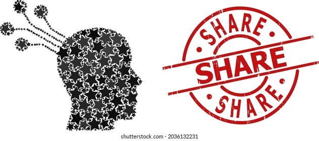 Brain machine interface star pattern and grunge Share badge. Red imprint with grunge texture and Share text inside circle.