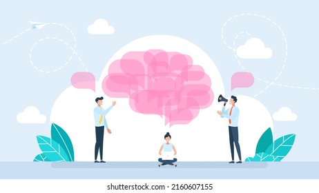 The brain is made up of other people's thoughts. Influence of views on the formation of thinking. Thinking and opinion of internal voice. Seeking answer. Flat cartoon style. Vector illustration