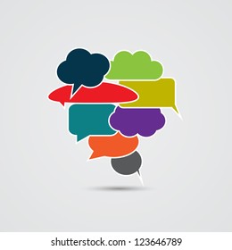 Brain Made of Speech Bubbles – Colorful Cognitive Communication Concept with Abstract Dialog Shapes. A stylized illustration of a human brain composed entirely of colorful speech bubbles. Each bubble varies in shape and color—dark blue, green, red, purple, orange, and gray—arranged to form a cohesive brain silhouette. This abstract and expressive vector design symbolizes communication, dialogue, thought processes, and cognitive functions. Ideal for use in educational materials, mental health campaigns, brainstorming visuals, editorial layouts, and language-themed graphics. Suitable for both commercial and editorial use across print and digital platforms.