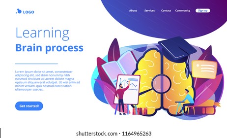 Brain with magnifier and academic cap and user learning. Learning and brain process landing page. Memory and knowledge, education and training concept. Vector illustration on ultraviolet background.