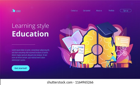 Brain with magnifier, academic cap and user learning. Education and learning style landing page. Learning and brain process, memory and knowledge. Vector illustration on ultraviolet background.