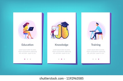 Brain with magnifier, academic cap and user learning. Education and learning style landing page. Learning and brain process, memory and knowledge. UI UX GUI app interface template.