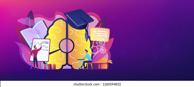 Brain with magnifier, academic cap and user learning. Education and learning style landing page. Learning and brain process, memory and knowledge. Header or footer banner template.