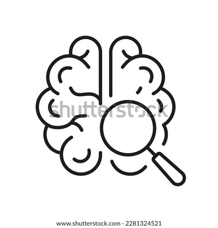 Brain with Magnifier Black Line Icon. Human Mind Research Linear Pictogram. Neurology Science Exploration Symbol on White Background. Editable Stroke. Isolated Vector Illustration.