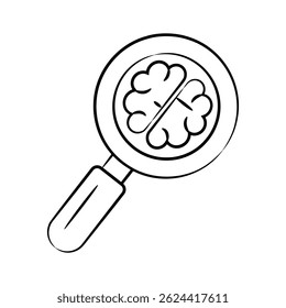 Brain and magnifier denoting neurology concept, hand drawn icon