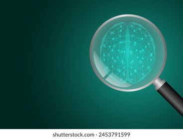 Gehirn. Gehirn mit Lupe. Künstliche Intelligenz. Brainstorm, Kreativität und Denken Idee Konzept. Vektorillustration. 