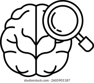 A brain with a magnifying glass on it. The brain is white and the magnifying glass is black