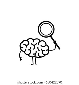 Brain with magnifying glass. Vector concept illustration searching brain | flat design linear infographic icon black on white background