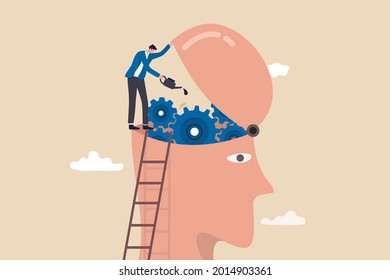 Brain maintenance, fixing emotional and mental problem, boost creativity and thinking process or improve motivation concept, man climb up ladder to fix and lubricate gear cogs on his brain head.