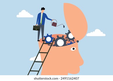 Brain maintenance, man climbs ladder to repair and lubricate teeth of the gears at the brain end.