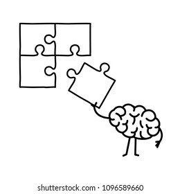 Brain making puzzle. Vector concept illustration of creative mind finding solution | flat design linear infographic icon black on white background