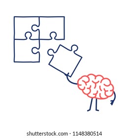 Brain Making Puzzle. Vector Concept Illustration Of Creative Mind Finding Solution | Flat Design Linear Infographic Icon Red And Blue On White Background