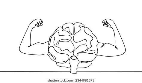 The brain of a man with the arms of a strongman on the sides. The power of thought. Metaform. Raising awareness. Mindfulness Day. One line drawing for different uses. Vector illustration.