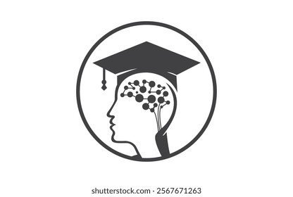 Brain and man graduation cap icon design. Educational and institutional logo design The concept of graduating from university, school, institution. silhouette, face shape. Black vector